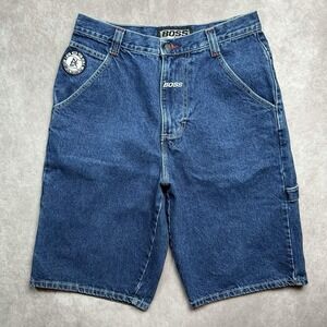 Boss Jean Shorts Size 30 Blue Denim Hip Hop Rap Baggy Spellout Logo Vintage Y2K